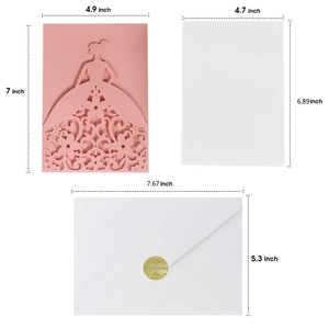 Detailed size specifications for laser-cut invitations with pink dress design