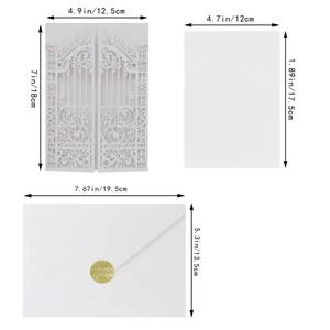 Detailed dimensions of laser-cut wedding invitation set with envelopes and seals