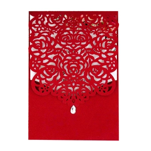 Red laser-cut wedding invitation card with rose pattern and sparkling crystal drop