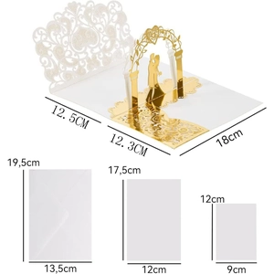 Detailed 3D laser cut wedding card with pop-up golden arch and couple silhouette