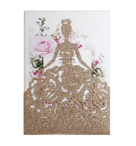 Detail of glitter laser cut invitation cover with bride silhouette and rose cutout