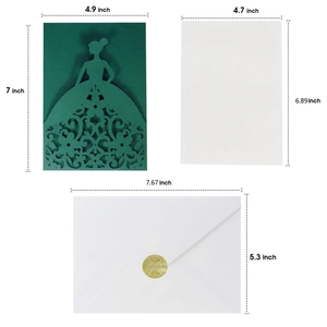 Laser cut dark green princess dress invitation card set with gold seal and white envelope