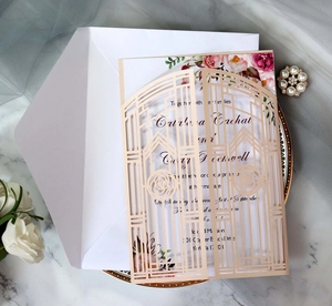 Laser-cut wedding invitation with gatefold rose design and floral inner card set