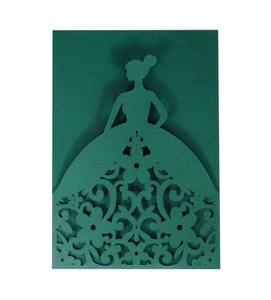 Detailed laser-cut dark green wedding invitation card featuring elegant female silhouette
