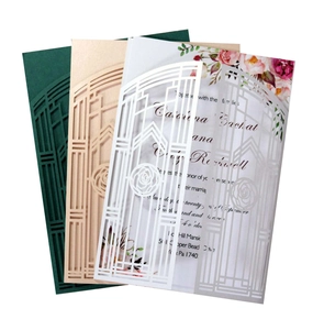 Laser-cut rose and arch wedding invitation cards in dark green, champagne, and white colors