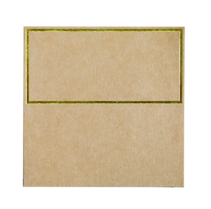 Close-up of square kraft paper card with elegant gold foil border and fiber texture