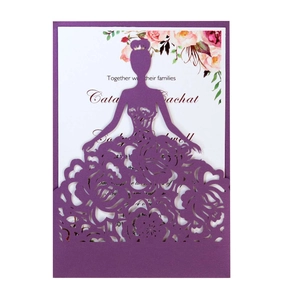 Detail of laser-cut purple invitation sleeve with elegant floral woman silhouette