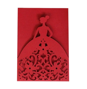 Detailed laser-cut dark red wedding invitation featuring an elegant girl silhouette