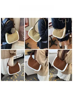 Multiple views of autumn suede hobo bag with fuzzy faux fur trim and shoulder strap
