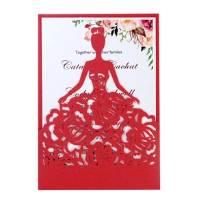 Laser cut red wedding invitation with floral dress silhouette and white inner card