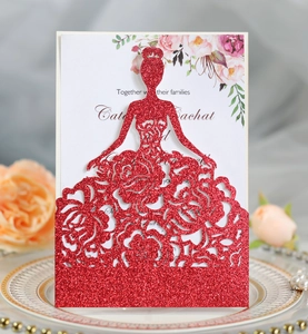 Red glitter laser cut wedding invitation featuring a bride silhouette and rose pattern