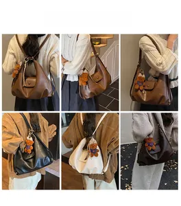 Detailed views of leather tote bag showing crossbody and backpack styles in four colors