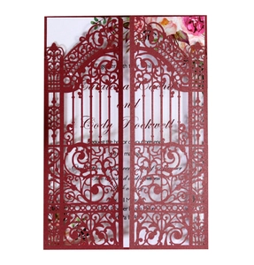 Laser cut burgundy gatefold wedding invitation card with floral interior insert