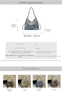 Detailed spec chart for multi-way retro tote bag showing dimensions and four color options