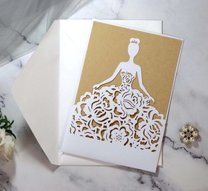 Laser-cut floral wedding invitation card with elegant female silhouette and kraft paper insert