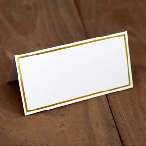 Elegant white card with gold foil border, V-shape folded place card for wedding table decor
