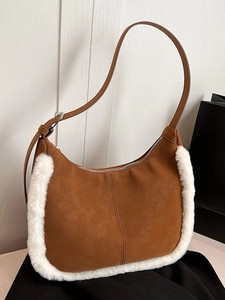 Sac à Épaule Vintage en PU pour Femmes Avec Bordure en Fourrure Artificielle Sac Hobo Grande Capacité Automne Hiver Sacoche