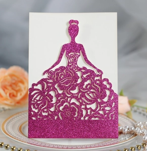 Detailed laser-cut glitter wedding invitation with elegant floral girl silhouette