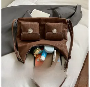 Macro detail of spacious interior of brown leopard print tote bag with multiple pockets
