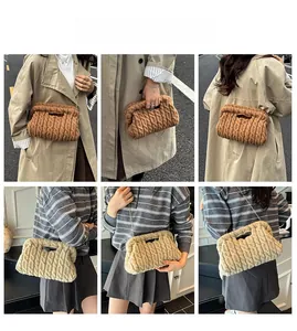 Detail shots showing knit cloud bag textures and versatile gold chain strap styling options