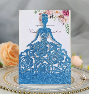 Blue glitter laser cut wedding invitation with princess dress and rose pattern details