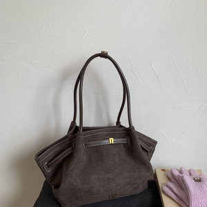 Vintage dark brown frosted suede tote bag with leather straps and gold hardware