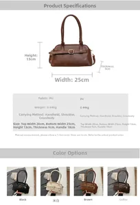 Detailed size chart for retro PU leather shoulder bag showing 25x13x9cm dimensions