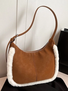 Faux Suede Lamb Wool Stitching Shoulder Bag Women Retro Contrast Hobo Crossbody Bag Casual Tote Underarm Purse Winter Fuzzy Handbag