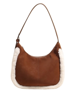 Caramel suede hobo bag with white faux fur trim and adjustable strap for winter