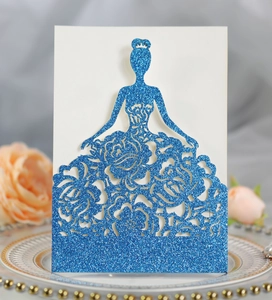 Detail of laser-cut glitter navy blue invitation card featuring a bride rose silhouette