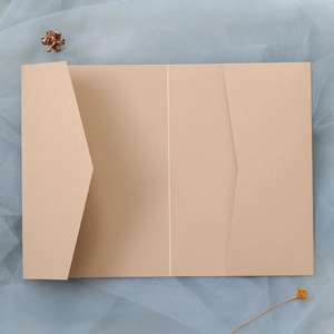 Détail de pochette d'invitation en papier kraft à trois volets avec doubles poches internes