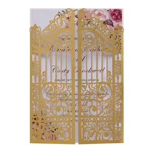 Detail of laser-cut gold gate-fold invitation with elegant floral inner card print