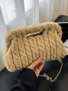 Women Cable Knit Plush Shoulder Bag Fashion Autumn Winter Chain Strap Crossbody Bag Large Capacity Casual Commuter Bag