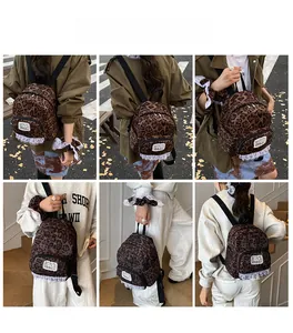 Multiple views of a leopard print backpack with white lace trim and adjustable straps