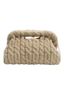 Beige chunky knit crossbody bag with golden chain strap and woven texture design