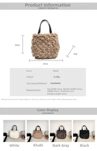 Detailed plush bucket bag dimensions and technical specs for four color variants