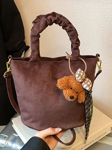Vintage Leopard Print PU Leather Tote Bag For Women With Plush Dog Charm Ruched Handle Large Capacity Crossbody Shoulder Bag