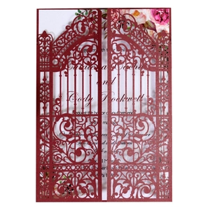 Laser cut burgundy wedding invitation card with elegant floral inner page and gatefold design