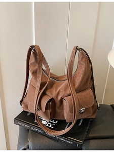 Retro leopard print tote bag with double front buckle pockets in dark brown faux suede