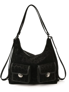 Retro leopard print tote bag with white contrast stitching and silver metal buckles