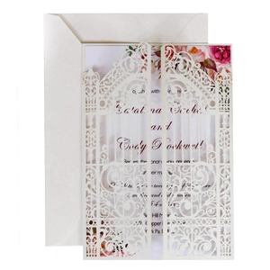 Elegant laser cut dark green wedding invitation with gate design and floral insert card