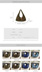 Detailed size chart and specifications for the large denim leopard shoulder tote bag