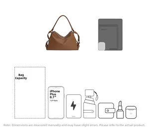 Brown hobo shoulder bag capacity display showing tablet, phone, and daily essentials