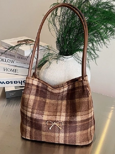 Women Retro Suede Bucket Bag Leopard Plaid Shoulder Bag Fashion Large Capacity Tote Handbag With Metal Bow Decoration