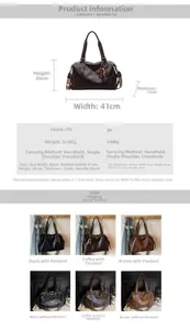 Diagramme technique détaillant les dimensions, poids et styles de port du sac cabas en PU