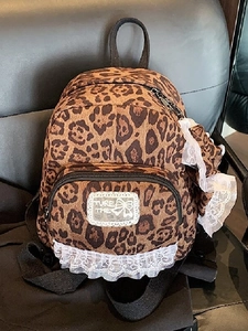 Women Vintage Leopard Print Mini Backpack With Lace Bow Accent Fashion PU Leather College Style Travel Daypack Small Backpack