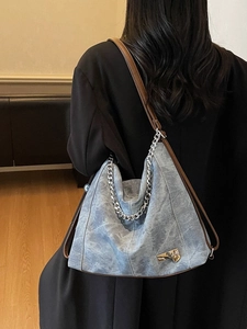 Retro large capacity light blue washed canvas tote bag with brown leather straps
