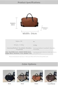 Detailed technical specifications and size chart for the PU leather travel tote bag