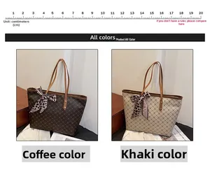Vue détaillée des sacs fourre-tout café et kaki avec motifs géométriques et foulard