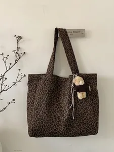 Leopard Print Canvas Tote Bag Large Capacity Casual Shoulder Bag With Plush Bear Charm Commuter Fashion Handbag For Women